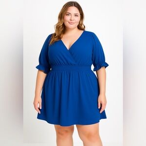 New! Eloquii dark blue mini dress mock waist ruffle cuff sleeve, plus size 22/24